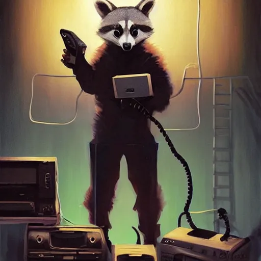 Image similar to greg manchess painting of a trash panda character, holding a box of cables and standing next to old electronic equiptment, medium shot, asymmetrical, profile picture, organic painting, night time, dark, neon lights, matte painting, bold shapes, hard edges, street art, trending on artstation, by huang guangjian and gil elvgren and sachin teng