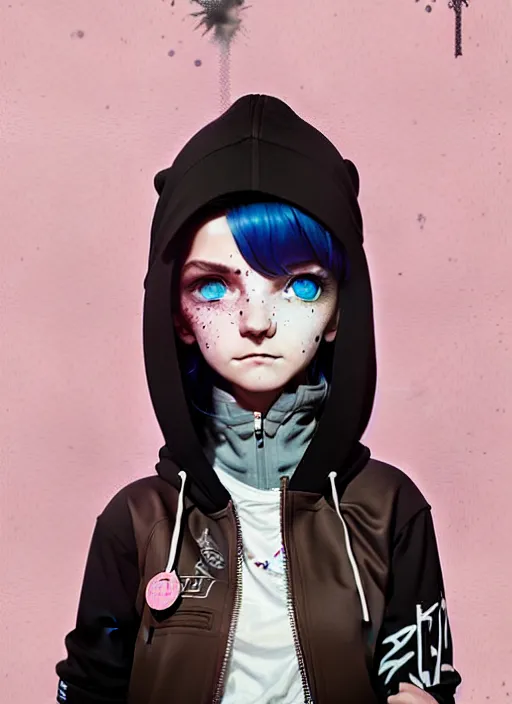 Image similar to highly detailed portrait of a urban punk lady student, blue eyes, hoodie, white hair by atey ghailan, by greg rutkowski, by greg tocchini, by james gilleard, by joe fenton, by kaethe butcher, gradient black, brown and pink color scheme, grunge aesthetic!!! ( ( graffiti tag wall background ) )