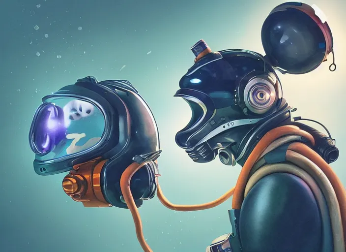 Prompt: An anthropomorphic cartoon fox as a retrofuturistic deep sea diver, helmet with led lights, underwater in the ocean at night, clear water, volumetric lighting, glowing lights, 4k, octane, digital painting, artstation, concept art, cinematic film, sharp focus, illustration, art by artgerm and greg rutkowski and alphonse mucha , wide angle view,