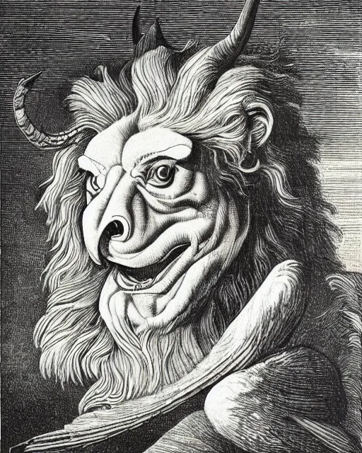 Image similar to a creature with the body and eyes of a man, with the beak of an eagle, the mane of a lion, and the horns of an ox. drawn by francis bacon