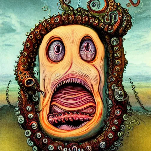 Prompt: detailed coloured romanticism portrait of ugly monster child with horrific facial features tentacle eyes, hairy mouth and fish like skin and head lumps and infestation