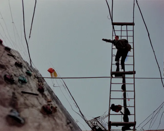 Image similar to lomo photo of roofjumpers climbing on roof of soviet hrushevka, small town, cinestill, bokeh, out of focus