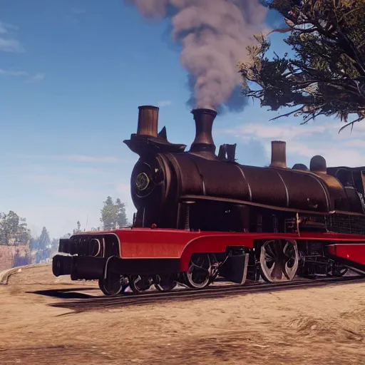 Image similar to futuristic sleek steam locomotive in red dead redemption 2