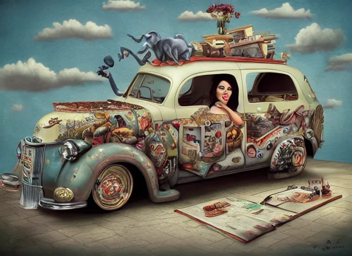 Image similar to the world inside a car, lisa ann, lowbrow, matte painting, 3 - d highly detailed, in the style of mark ryden,