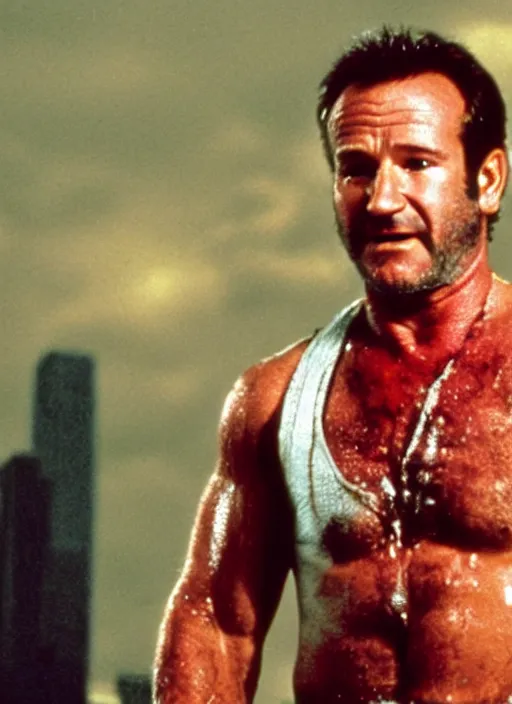 Image similar to film still of Robin Williams as John McClane in Die Hard, 4k