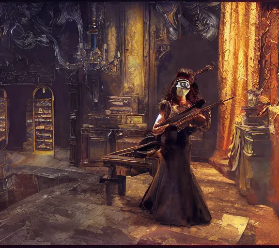 Image similar to craig mullins and ghibli digital art of on the stage of the theater, a masked female violinist performs alone, dressed in exotic costumes, gold jewelry, and black hair realistic shading, cinematic composition, realistic render, octane render, detailed textures, photorealistic, wide shot