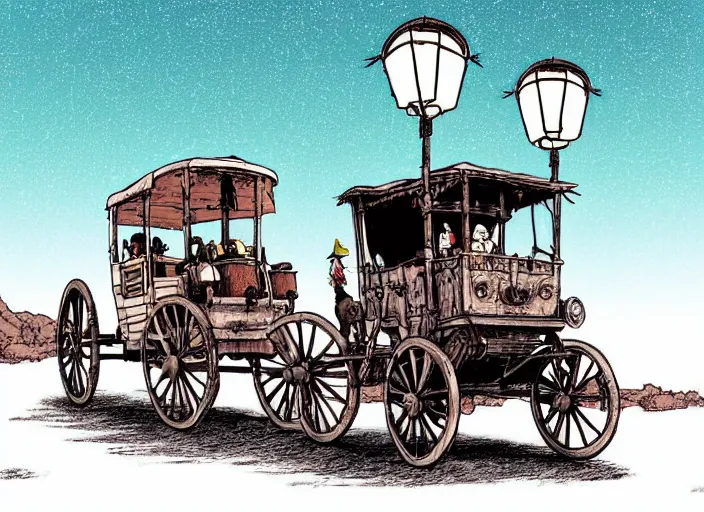 Image similar to a cell shaded cartoon of a stagecoach being pulled by two emu's from howl's moving castle ( 2 0 0 4 ), on a desert road, lamp posts, in front of a pale full moon, full body, wide shot, very dull muted colors, studio ghibli, laurie greasley, highly detailed, deviantart, art by artgem