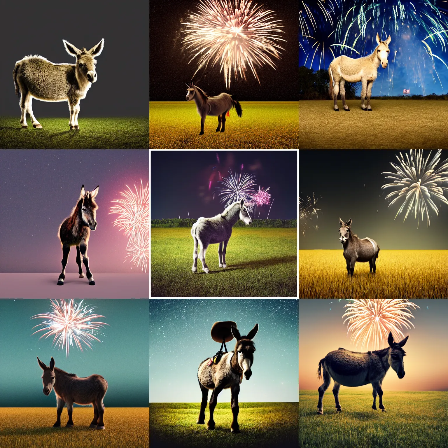 Prompt: A photo of a small donkey standing in a field at night time in the American South in September with fireworks exploding overhead by Juergen Teller with a Canon 5D MK II. Octane render. 28mm. The donkey is wearing a cowboy hat.