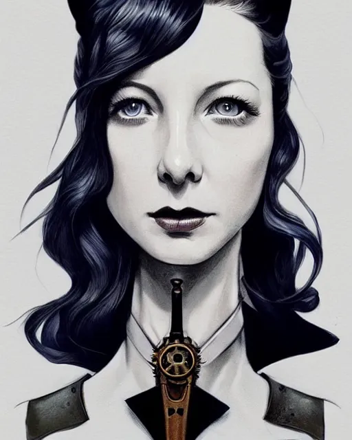 Image similar to in the style of joshua middleton, artgerm, beautiful caitriona balfe, steampunk, bioshock, full body, blue dress, elegant pose, middle shot, spooky, symmetrical face, symmetrical eyes, detailed realisitc eyes, three point lighting, detailed realistic eyes, detailed and intricate