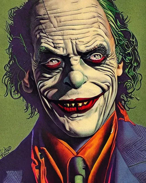 Image similar to christopher lloyd as the joker, big smile, grotesque, horror, high details, intricate details, by vincent di fate, artgerm julie bell beeple, 1 9 8 0 s, inking, vintage 8 0 s print, screen print