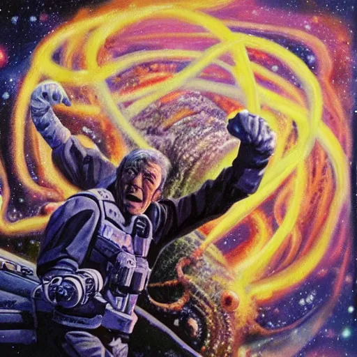 Prompt: painting of ian mckellen as terrorist from jupiter fighting an alien invasion in deep space, the aliens have long thick slimey amorphous tentacles, highly detailed, award painting, 8 k, alien landscape