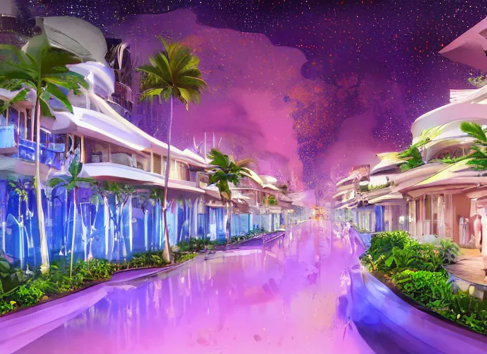 Image similar to futuristic luxurious street with Singaporean lush onsen with royal white and pink and white and luxurious gold colors, advanced civilization, high-end onsen, at the Sea Of Stars of Vaadhoo Island Maldives, Bioluminescent sea plankton that shines bright blue during the night makes the sea area, glowing water, intricate, elegant, luxurious, digital painting, concept art, smooth, sharp focus, from Star Trek 2021, illustration, by WLOP and Ruan Jia and Mandy Jurgens and William-Adolphe Bouguereau, Artgerm