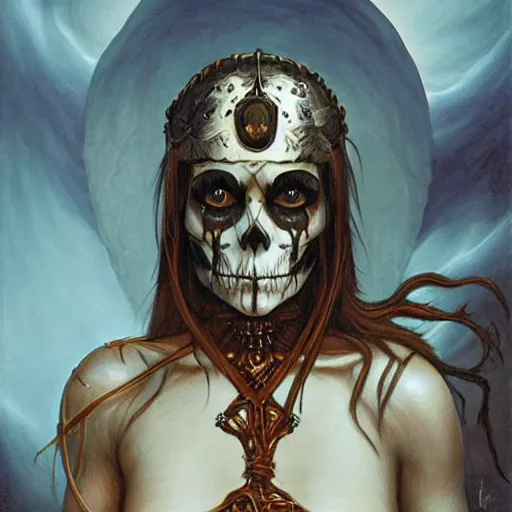 Prompt: portrait of a female skull warrior, by Gerald Brom