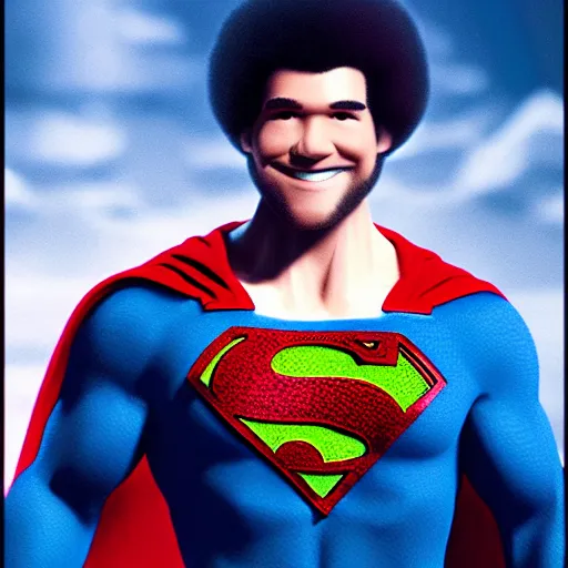 Image similar to bob ross as superman, cinematic lighting. 4 k.