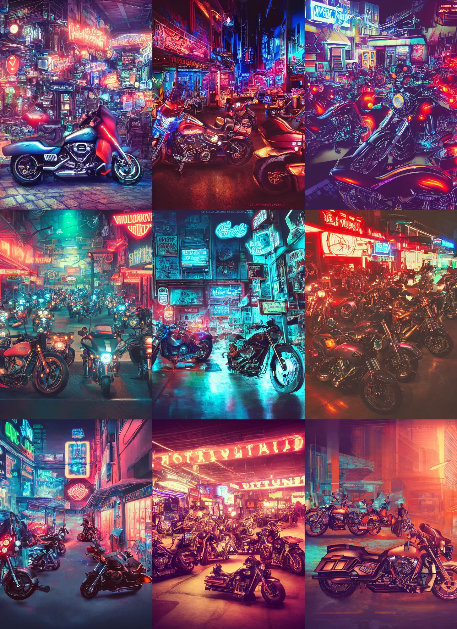 Prompt: Detailed photo of virtual town, group of cyberpunk Harley-Davidson motorcycles, dreamy soft neon lights, film look, realistic, photo, detailed, patriotic, highly detailed, sharp focus, leica, zeiss, kodak film look, digital illustration, digital painting, concept art, hyper detailed, illustration, fantasy