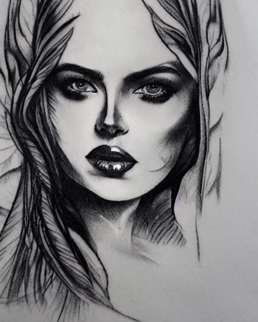 Image similar to tattoo design sketch of a beautiful woman face next to a faded background of beautiful mountains on her side, hyper - realistic, in the style of den yakovlev, amazing detail, black and white