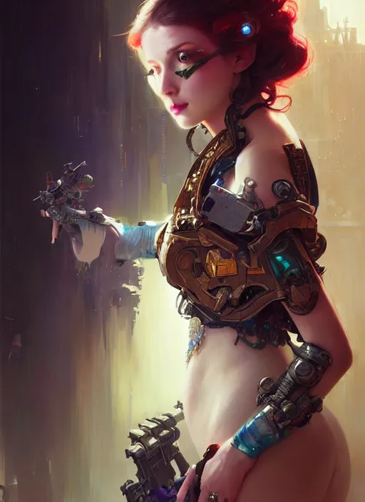 Image similar to beautiful princess with cyberpunk implants, deep focus, d & d, fantasy, intricate, elegant, highly detailed, digital painting, artstation, concept art, smooth, sharp focus, illustration, hearthstone, art by ruan jia and greg rutkowski and alphonse mucha