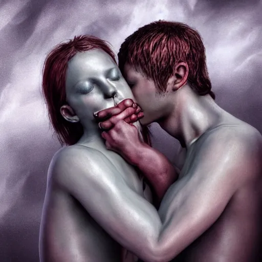 Prompt: Crowd of Two detailed human lovers made of wax kissing and melting, digital art, high detail,ethereal, dramatic lightning, rim light, hyperrealistic, photorealistic, octante render, elegant, cinematic, high textures, hyper sharp, 8k, insanely detailed and intricate, graphic design, cinematic atmosphere, hypermaximalist, hyper realistic, super detailed, 4k HDR hyper realistic high quality, unreal engine 5