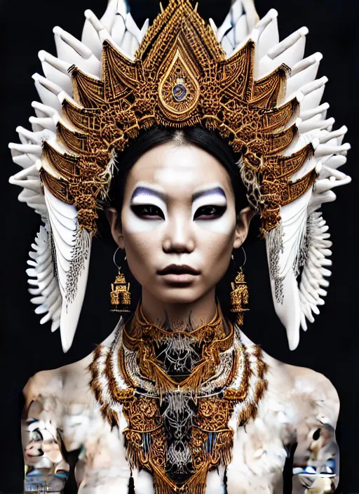 Prompt: absurdly beautiful young thai woman with symmetrical white makeup, wearing an intricate headdress made from bones and leather, wearing large earrings made from white bones, hyperdetailed illustration by irakli nadar and alexandre ferra, intricate linework, in the style of a national geographic portrait, unreal engine 5 highly rendered, global illumination, radiant light, detailed and intricate environment