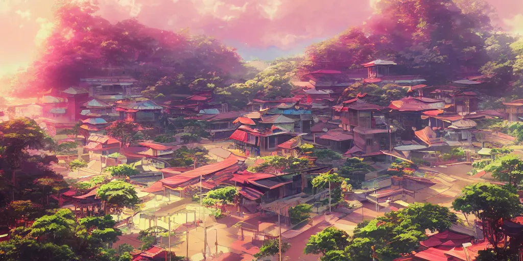 Image similar to vivid 80s anime indonesian architecture and landscape by makoto shinkai, beautiful, gorgeous, dramatic lighting, rule of thirds, perfect composition, trending on ArtStation, 8k