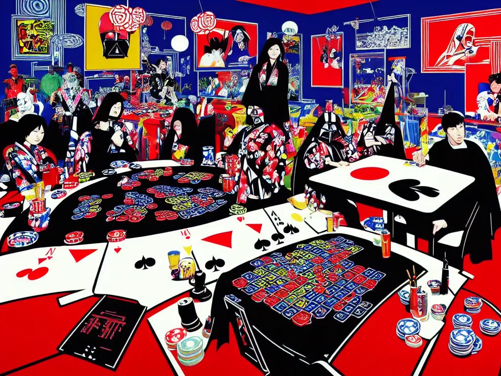 Image similar to hyper - realistic composition of a large room with an extremely detailed poker table in the center, woman in traditional japanese kimono standing nearby, darth vader sitting at the table, fireworks in the background, pop art style, jackie tsai style, andy warhol style, acrylic on canvas, dull palette