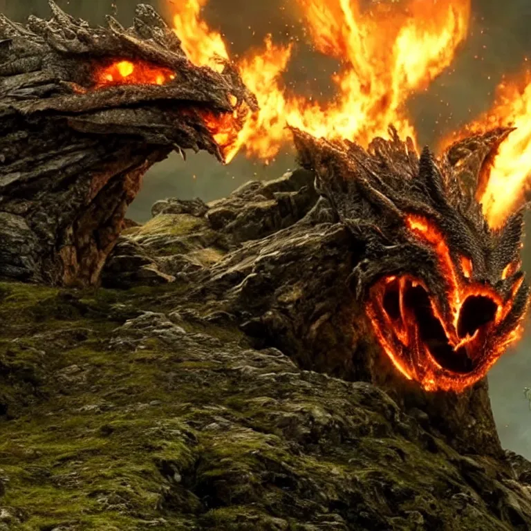 Prompt: The head of an angry dragon, breathing fire, sitting on a rock, at night. Still from Lord of the Rings - The Hobbit.