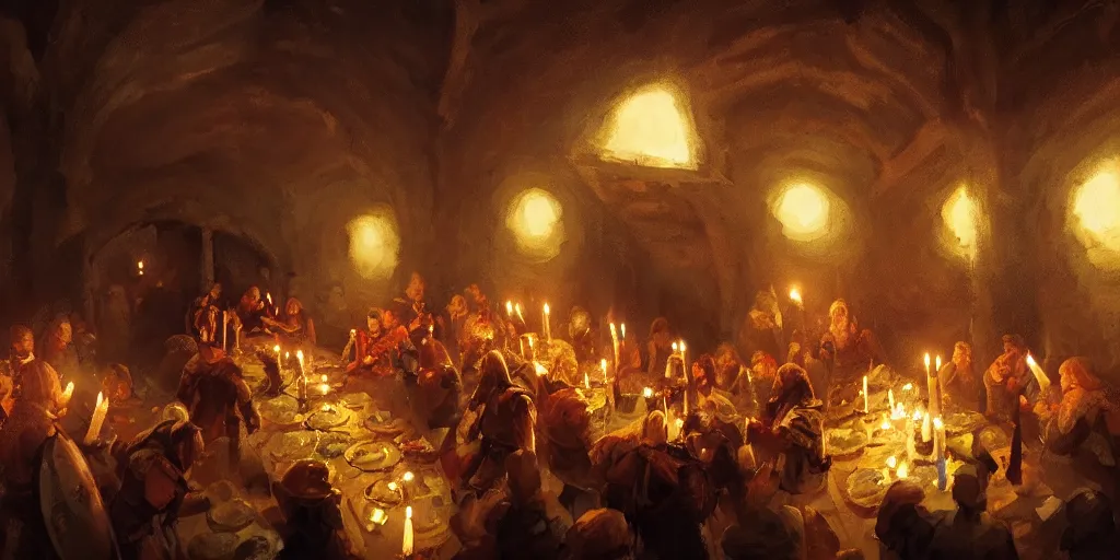 Prompt: low angle epic screenshot of the inside of a vast stone Viking feasting hall, candlelight, boisterous atmosphere, cinematography by Gregory manchess