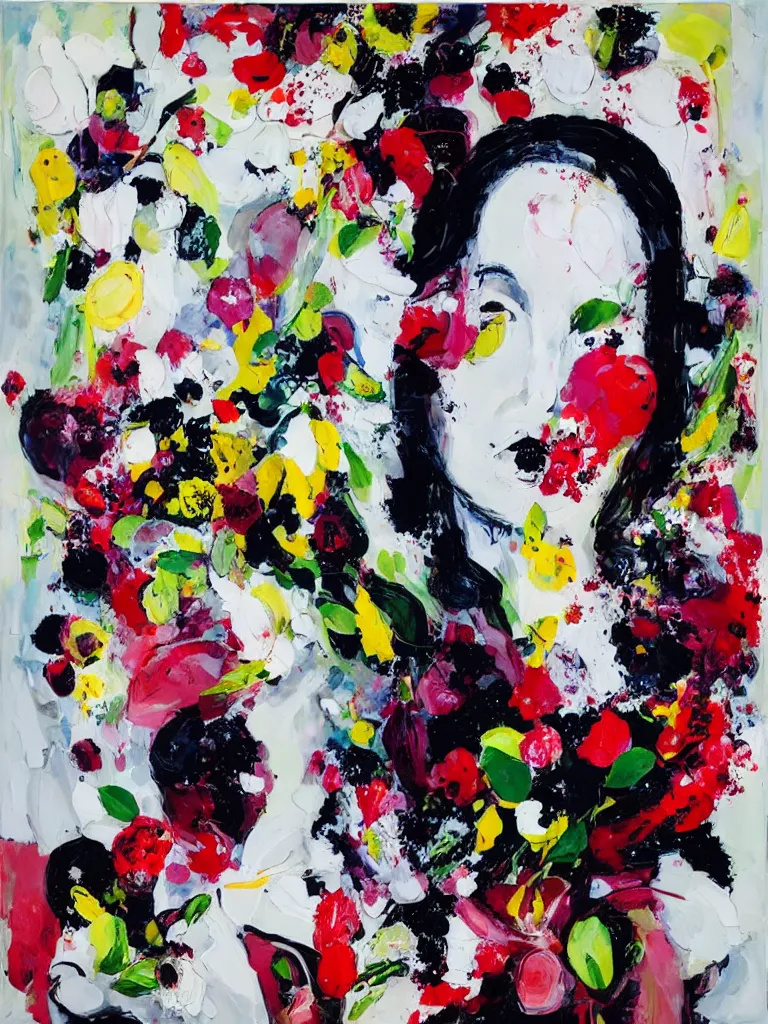 Image similar to “art in an Australian artist’s apartment, organic, portrait of a woman wearing white silk, neoexpressionist, eating luscious fresh raspberries and strawberries and blueberries, edible flowers, black background, acrylic and spray paint and wax and oilstick on canvas”