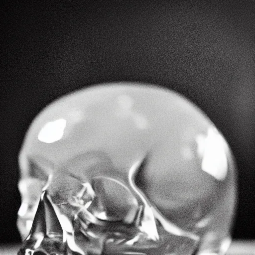 Image similar to A photograph of a crystal skull. Film Noir. High Contrast. Black and White.