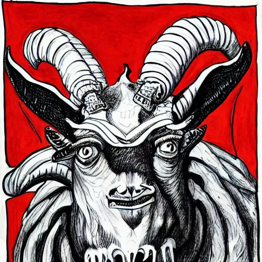 Prompt: a demon with a goat's head, is looking at the camera, while carrying a human head, whose eyes are still wide. symmetrical anatomy, very detailed design, complexity of the image, with pop punk style, colorful, accompanied by full body images., without duplication, arstation