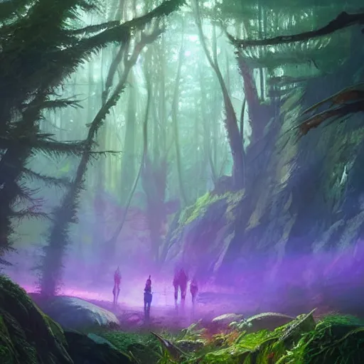 Image similar to concept art painting of a mystical alien fantasy forest, with fog and strange colorful plants, realistic, detailed, cel shaded, magenta and blue and green, in the style of makoto shinkai and greg rutkowski and james gurney