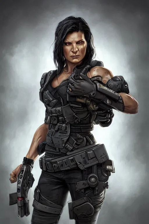 Image similar to gina carano as a shadowrun ork with prothesis grey metallic left arm, casual black clothing, muscular, realistic proportions, casual pose, large portrait, sci - fi, rpg character, digital painting, artstation, concept art, smooth, 8 k frostbite 3 engine, ultra detailed, art by artgerm and greg rutkowski and magali villeneuve