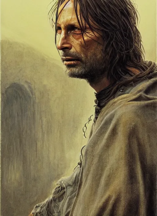 Image similar to Mads Mikkelsen as Aragorn by Alan Lee, golden hour, concept art, detailed clothing, art station, oil painting