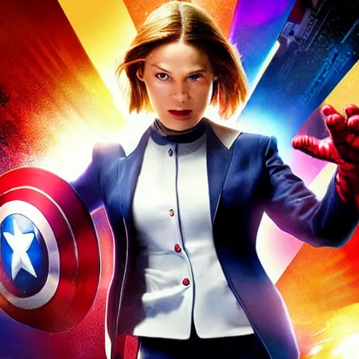 Image similar to a marvel poster with a woman wearing a suit, ray tracing, high contrast