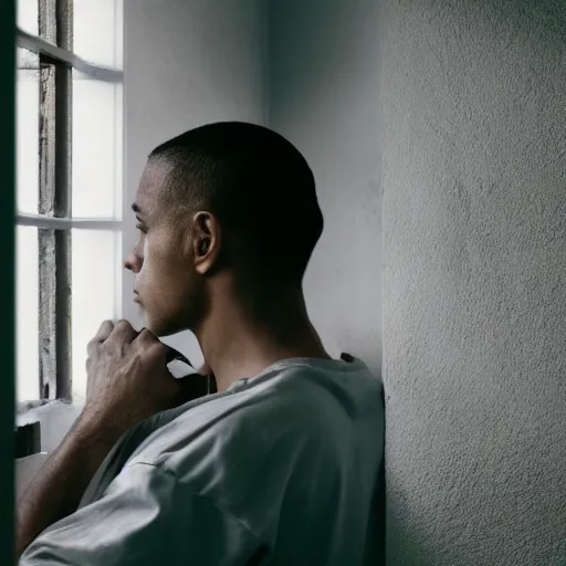 Image similar to a man in prison looking outside the window, hd, Cinematic lighting, 8k