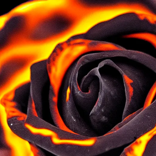 Image similar to award - winning macro of a beautiful black rose made of glowing molten magma