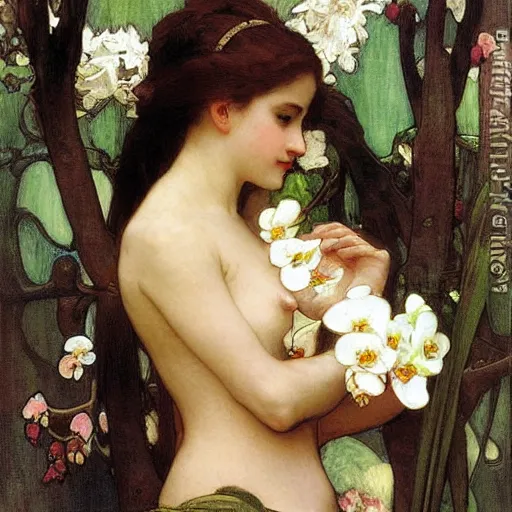 Image similar to art nouveou style painting of Phalaenopsis orchids, high detail by francis mucha, John William Waterhouse, William-Adolphe Bouguereau