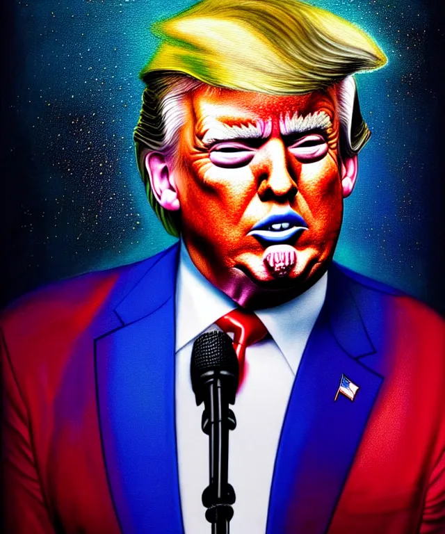 Image similar to hyperrealistic mixed media painting of Donald Trump as a crazy rock star, dimly lit arena, stunning 3d render inspired art by P. Craig Russell and Barry Windsor-Smith + perfect facial symmetry + dim volumetric lighting, 8k octane beautifully detailed render, post-processing, extremely hyperdetailed, intricate, epic composition, grim yet sparkling atmosphere, cinematic lighting + masterpiece, trending on artstation, very very detailed, masterpiece, stunning