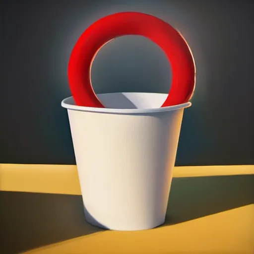 Image similar to white paper cup with red strip ring as a cartoon character!!!, hyperrealistic, highly detailed, cinematic, volumetric sunlight, beautiful, cgssociety, artstation, 8 k, oil painting by greg rutkowski, by artgerm, by wlop