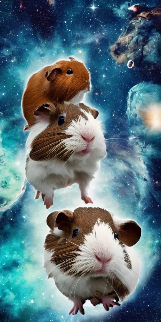 Image similar to ultra realistic guineapigs's portrait floating in space suits floating in space on the cover of vogue magazine, 4 k, 8 k, nebula, universe, many stars, space station