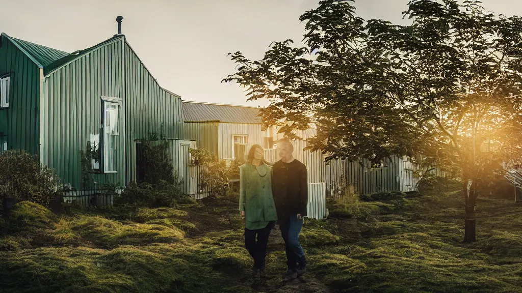 Image similar to a couple, green house, quiet street, reykjavik, sunset lighting, rim light, hyper realistic, cinematic frame