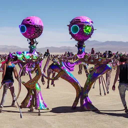 Image similar to aliens dancing on a art car at burningman