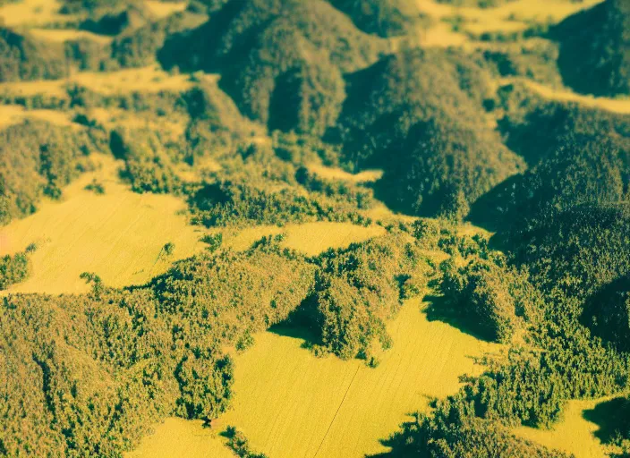 Image similar to symmetry!! a 2 8 mm macro tilt shift aerial view of a beautiful lush mountain range, photography, film, film grain, canon 5 0 mm, cinematic lighting, golden hour, hazy,