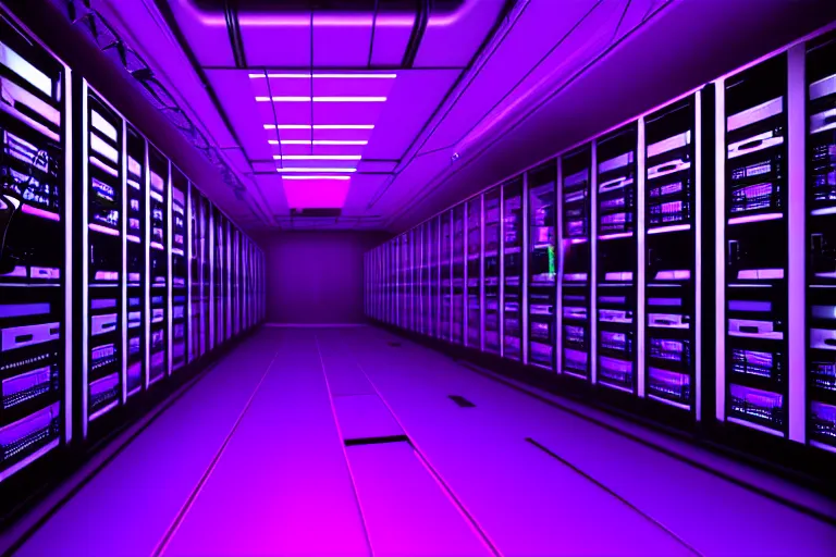 Prompt: realistic robot in a data server room, neon and dark, purple and blue color scheme, by dan mumford and malevich, beeple, fusion 3 d art