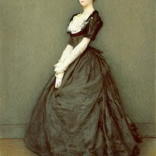 Image similar to young victorian lady in ball gown, a little card and pencil in hand, painted by alfred stevens