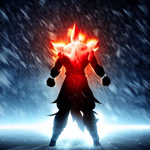 Prompt: full shot of angry darkness warrior style goku super saiyan at moonlight, snowing, lightning bolt, eruption, detailed, unreal engine 4k volumetric light, fog,