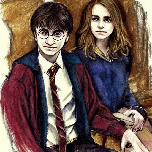 Prompt: Harry Potter Ron and Hermione in the Hogwarts common room, drawn by Mikhail Vrubel, hyper realistic face
