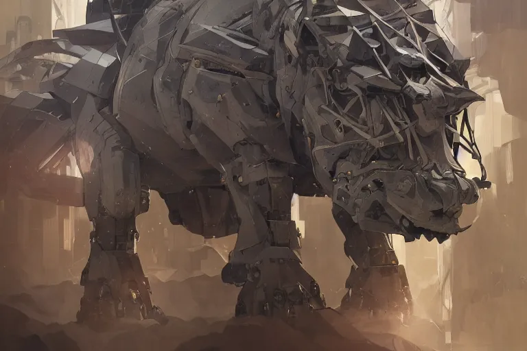 Prompt: portrait of a robotic rhino mecha elegant, concept art, intricate complexity, by shigenori soejima, krenz cushart, alphonse mucha, takato yamamoto, conrad roset, 4 k, beautiful, cinematic dramatic atmosphere, volumetric lighting, highly detailed, perfect, fine details, realistic shaded, artwork by subjekt zero