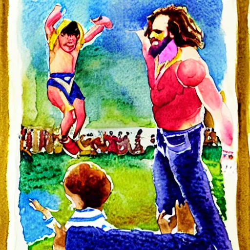 Image similar to watercolour, brightly colored, depicting randy savage hurling a small child into the sky