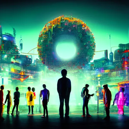 Image similar to a group of people standing around a giant cyclope mickey mouse, cyberpunk art by david lachapelle, cgsociety, dystopian art by industrial light and magic, concept art, neons, interior